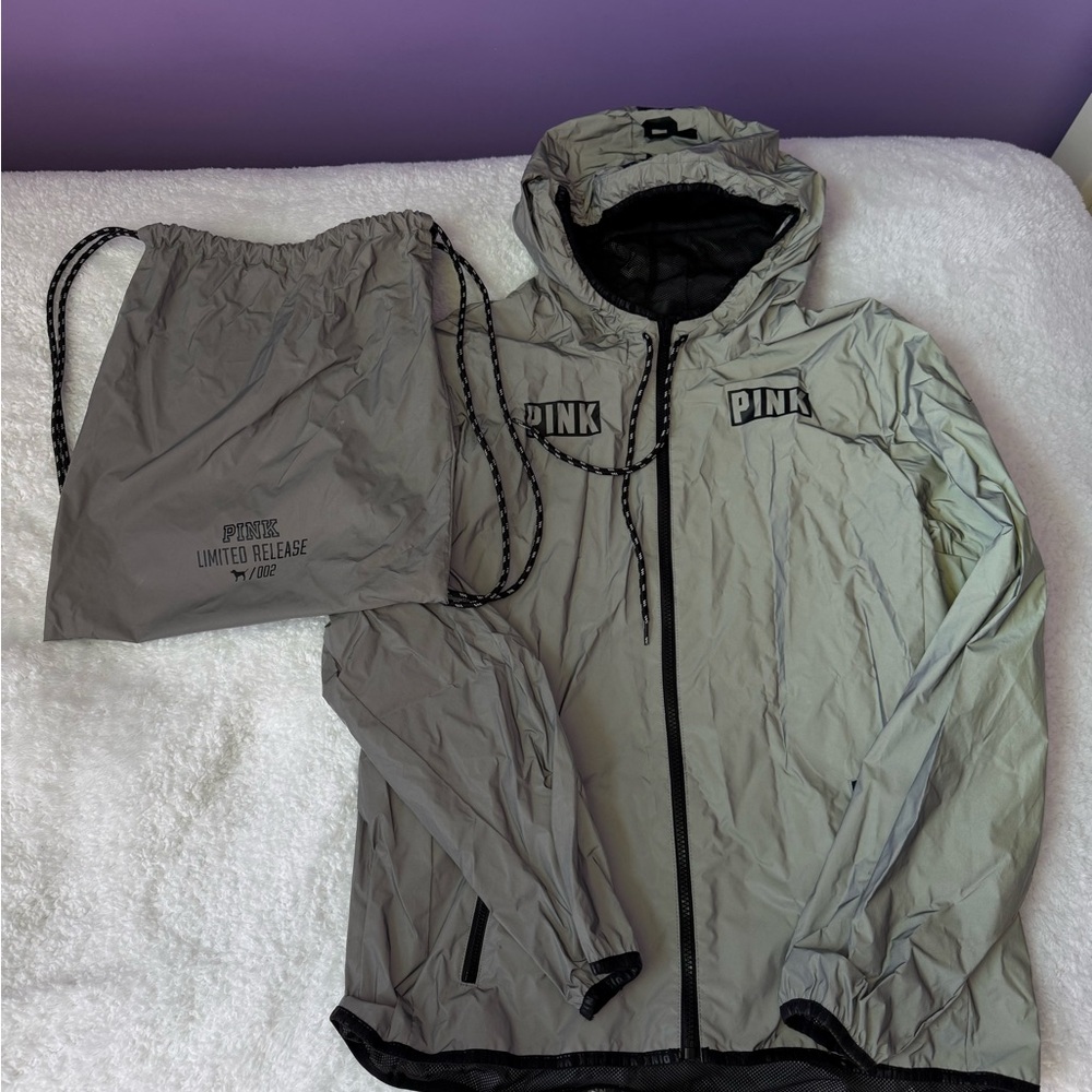 PINK Reflective Windbreaker Jacket with Drawstring Bag - Gray
